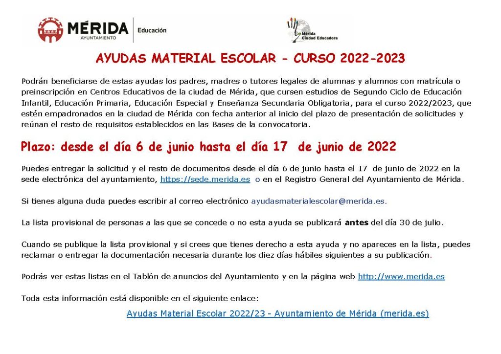 Ayudas de Material Escolar Curso 2022-23